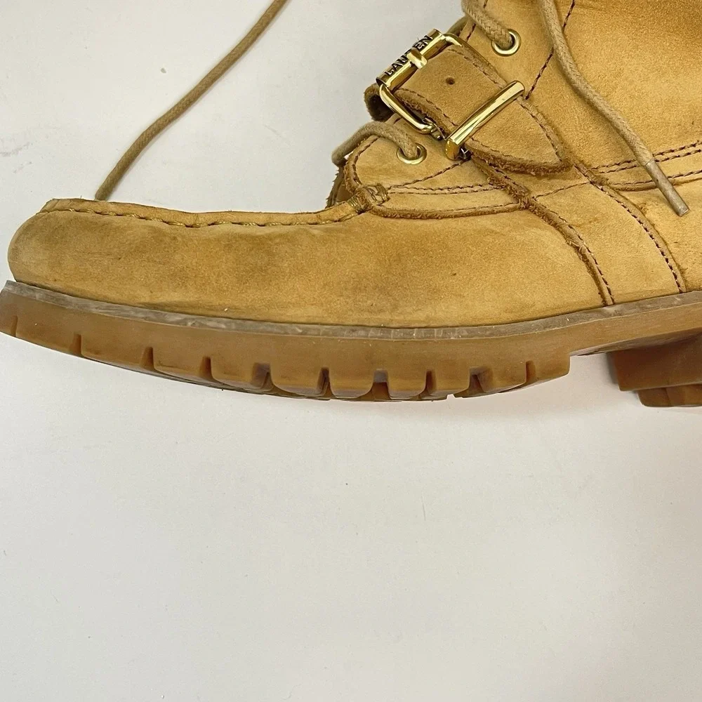 Polo Ralph Lauren Ranger Boots Size 8.5B Tan Leather Lace Up Buckle Combat Style